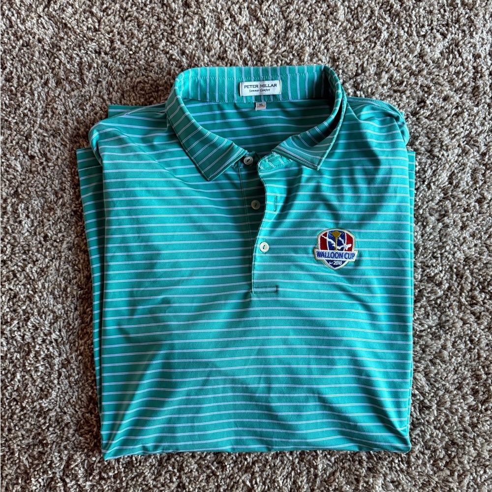 Peter Millar Teal and White Striped Golf Performance Polo Walloon Lake Mi